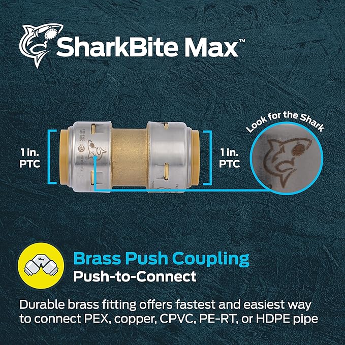 SharkBite Max 1 Inch Coupling, Push to Connect Brass Plumbing Fitting, PEX Pipe, Copper, CPVC, PE-RT, HDPE, UR020A