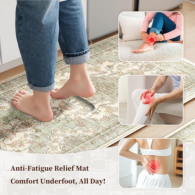 Boho Kitchen Mats for Floor 2 Piece Set Anti Fatigue Cushioned PVC Kitchen Rugs Non Slip Waterproof Farmhouse Mats 2/5 Inch Comfort Standing Mat for Sink, Laundry, 17.3"x47"+17.3"x28", Green Beige