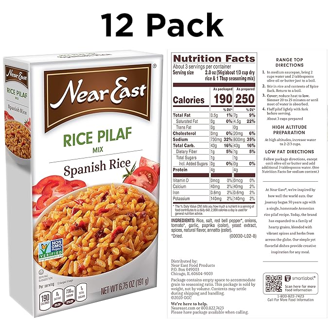 Near East Rice Pilaf Mix, Spanish Rice, 6.75oz Boxes (12 Pack)