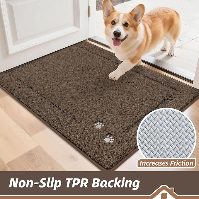 BEQHAUSE Dog Door Mat for Muddy Paws 20"x32" Dirt Trapper Absorbent Doormat Non Slip Entryway Rugs Washable Stain Resistant Welcome Floor Mat Soft Low-Profile for Front Back Door, Brown
