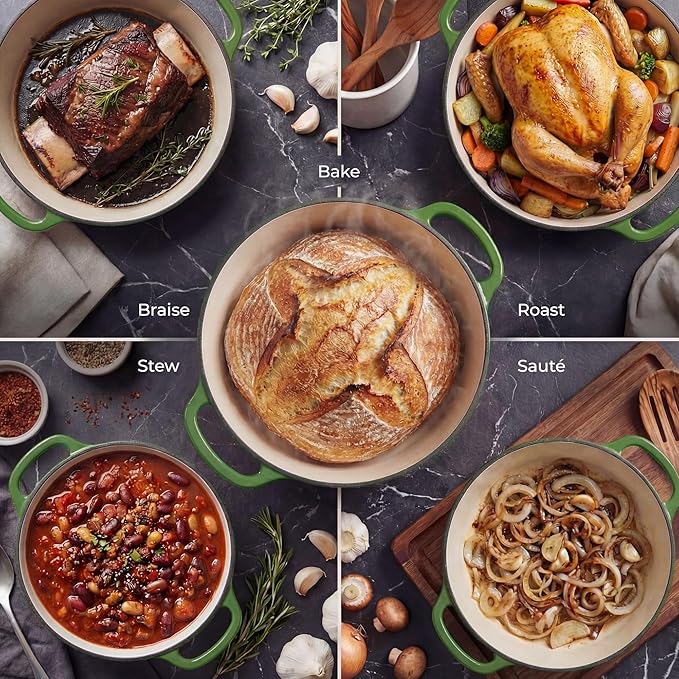 Zulay Kitchen 6 Quart Enameled Cast Iron Dutch Oven Pot with Lid – Premium Durability & Oven Safe up to 500°F – Heavy Duty Cookware Perfect for Bread Baking, Stews, Braising & Roasting – Green