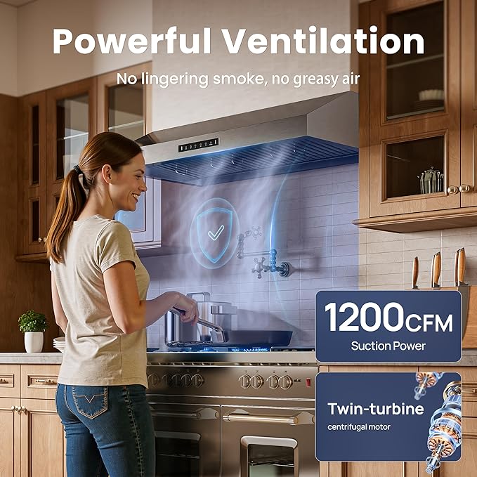 30 inch Range Hood Stainless Steel(PVD), Black Stove Hood with 1200 CFM with 1.5 Sones Quiet,3 Speed Exhaust Fan Hood Vents for Kitchen,Under Cabinet Range Hood with GU10 LED Lights