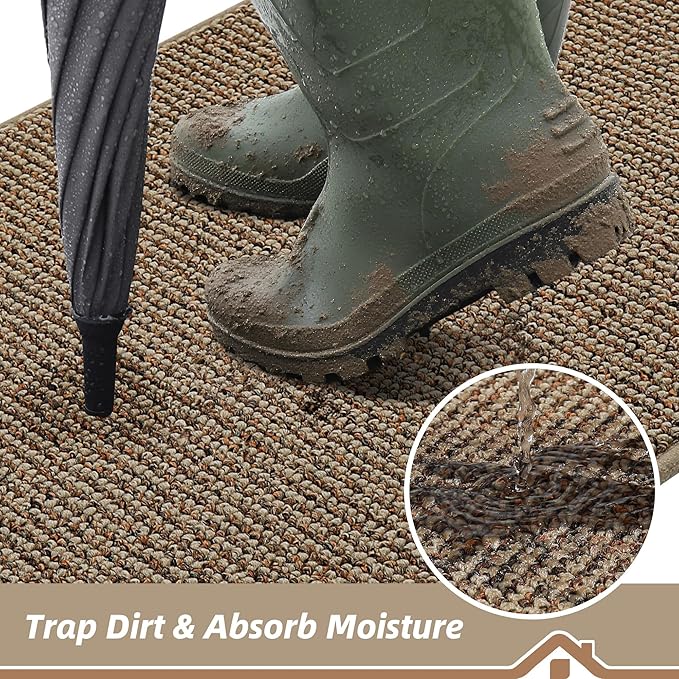BEQHAUSE Dirt Trapper Door Mat 17" x 30", Non-Slip Doormats (Rolled-Up NO Creases) Washable Entryway Rugs, Dirt Resist and Absorbent Welcome Mat, Low Profile Floor Mats for Front Back Door, Beige
