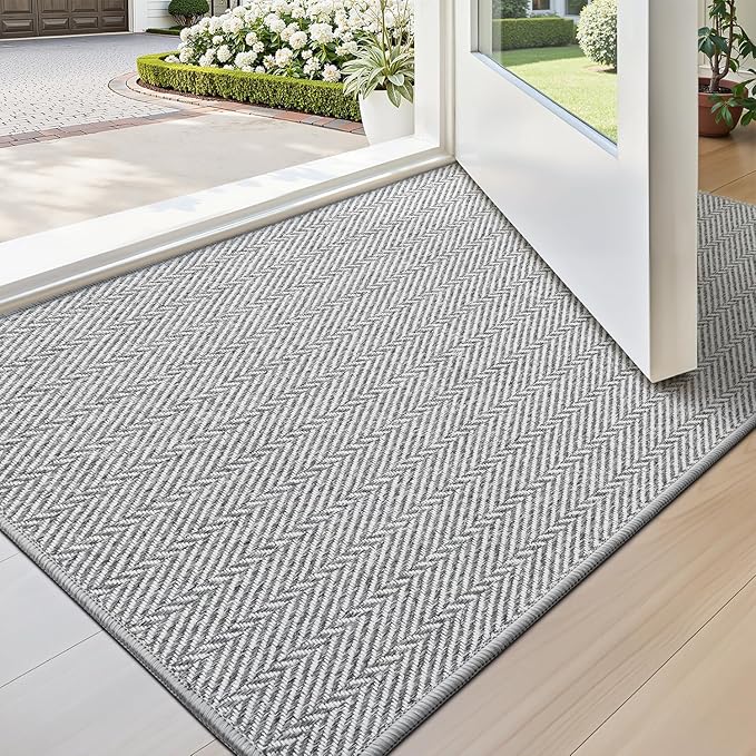 LUMI Ultra Thin Indoor Door Mat for Entrance 17"x30", Non Slip Entryway Mat, Low Profile Doormat, Unique Herringbone Design Carpet for Inside, Patio, Porch, Gray