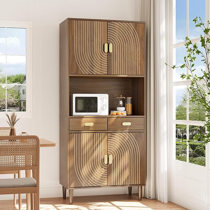 Smuxee 70.87" Walnut Kitchen Pantry Cabinet, Tall Food Pantry Cabinet with Line Groove Design, Kitchen Hutch with Microwave Stand for Dining Room, Living Room, Bar