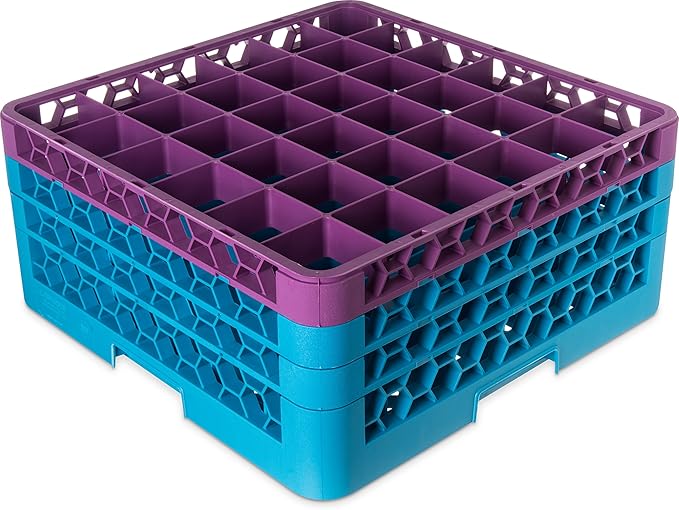 CFS RG36-3C414 OptiClean 36 Compartment Glass Rack with 3 Extenders, 8.72", Polypropylene, Lavender/CFS Blue