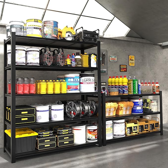 2PCS 47.2” W Metal Garage Shelving Units, 3000 LBS Storage Shelves Heavy Duty, 5 Tier Garage Shelf Rack, Adjustable Industrial Metal Shelving for Basement/Warehouse