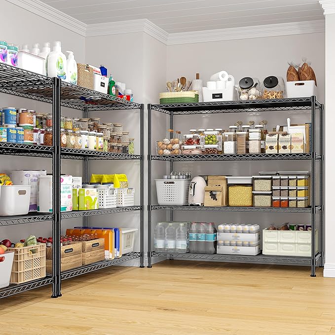 2 Set of 45 "W Metal Shelving Unit 4 Tier Storage Shelves Adjustable Wire Shelving Metal Shelf Pantry Shelves Wire Rack Commercial Shelving for Kitchen Pantry Garage 45 "W x 59.4 "Hx 13.5" D Black