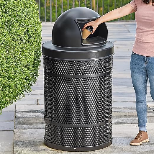 55 Gallon Perforated Trash Can with Plastic Dome Lid, Steel Outdoor Heavy-Duty Commercial Waste Bin, Round Recycle Container, Durable Garbage Can for Parks, Municipalities, Schools, Parking