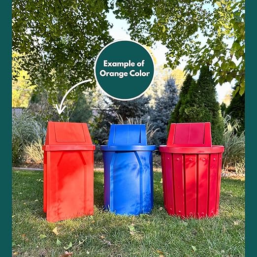Campus Collection 42 Gallon Slatted Round Heavy-Duty Plastic Commercial Outdoor and Indoor Trash Can with Push Open Dome Lid and Internal Liner | Great for Schools and Businesses - Orange