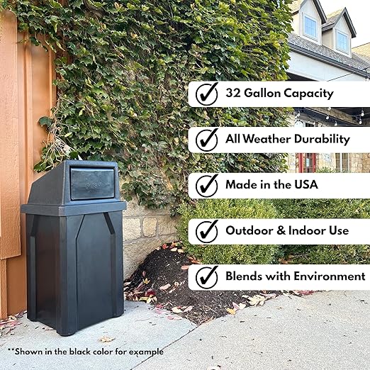 Campus Collection 32 Gallon Square 100% Recycled Plastic Heavy Duty Indoor or Outdoor Commercial Trash Can with Push Lid | Great for Schools and Businesses - Green