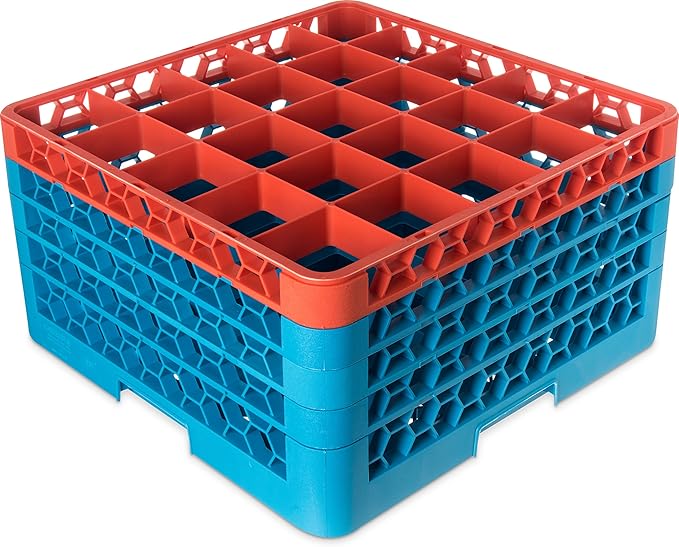 CFS RG25-4C412 OptiClean 25 Compartment Glass Rack with 4 Extenders, 10.3", Polypropylene, Orange/CFS Blue