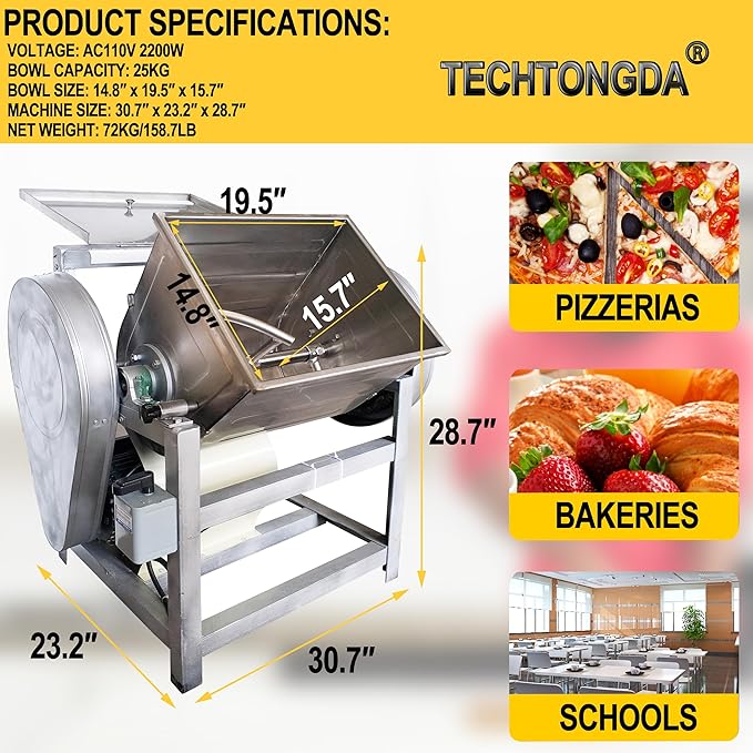 TECHTONGDA Commercial 110V Electric Dough Mixer Mixing Machine 25KG Heavy Duty Food Flour Mixer Spiral Dough Kneading Machine with 90 Degree Tilt Bucket for Restaurant School