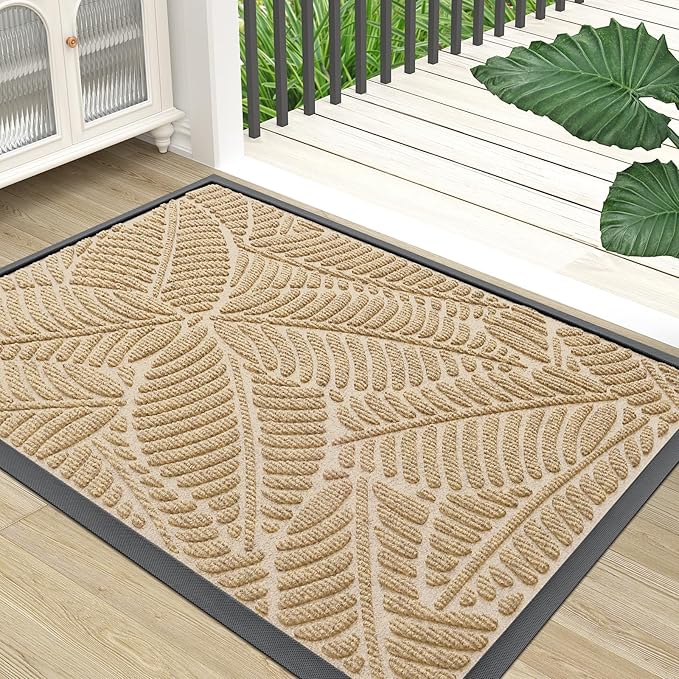 Colorxy Waterproof Doormat, Sturdy Natural Rubber Front Indoor Mat, Non Slip Low Profile Indoor Outdoor Door Mats, Stain and Fade Resistant Floor Mat, Easy Clean Patio Entrance Mat, 59''x36'', Beige