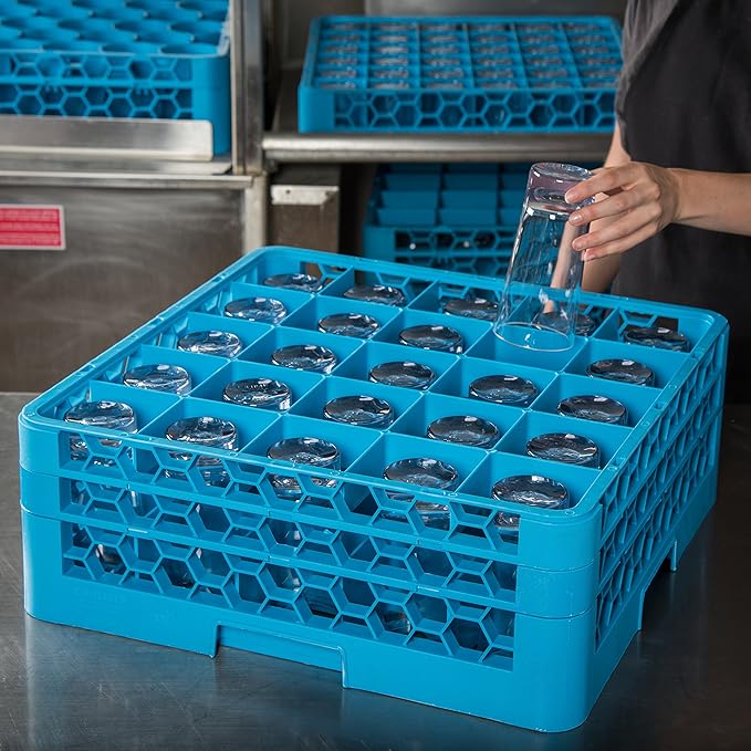 Carlisle FoodService Products OptiClean Plastic 25-Compartment Divided Glass Rack with Extender, Blue, (Pack of 3)