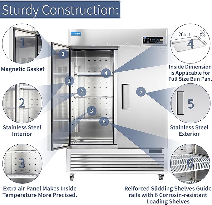 ICECASA 54" W Commercial Refrigerator Reach-in 49 Cu.ft 2 Solid Door Stainless Steel Commercial Refrigerator Fan Cooling for Restuarant, Bar, Shop, etc