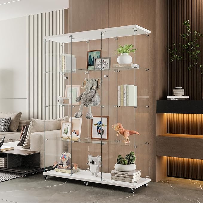 Frameless Glass Display Cabinet, Curio Cabinet Display Case with Locks and Hinged Doors, Quick-Install Floor Standing Large Showcase Display Shelf for Collectibles, Legos, Figures, Plants
