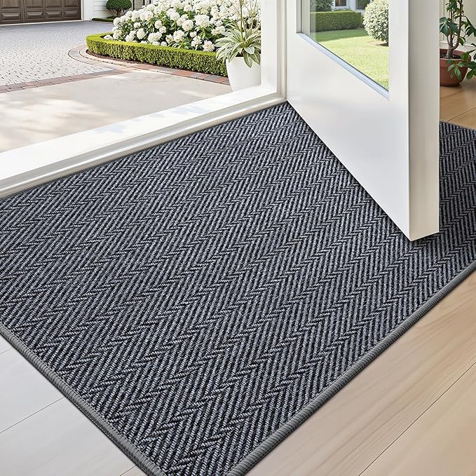 LUMI Ultra Thin Indoor Door Mat for Entrance 17"x30", Non Slip Entryway Mat, Low Profile Doormat, Unique Herringbone Design Carpet for Inside, Patio, Porch, Medium Gray