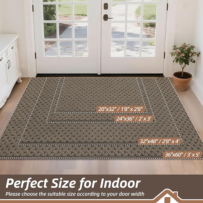 BEQHAUSE Dirt Trapper Door Mat Non-Slip Entryway Rugs Stain Resistant Absorbent Dog Doormats Woven-Look Washable Welcome Floor Doormat for Front Back Door, Muddy Wet Shoes & Paws, 36" x 60", Brown