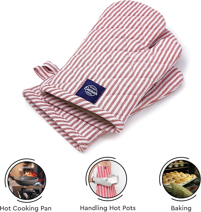 Encasa XO Long 12"x7" Oven Microwave Hand Gloves Mitts (2 pc Set) for Kitchen Cooking & Baking - Heat Resistant, Thick & Safe, Protection of Hands from Hot Utensils - Ticking Red
