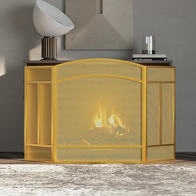 Fire Beauty Fireplace Screen 3 Panel Wrought Iron 48"(L) x 29"(H) Spark Guard Cover(Golden Dusting)