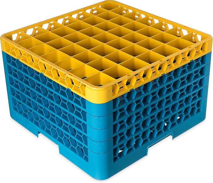 CFS RG49-5C411 OptiClean 49 Compartment Glass Rack with 5 Extenders, 11.9", Polypropylene, Yellow/CFS Blue