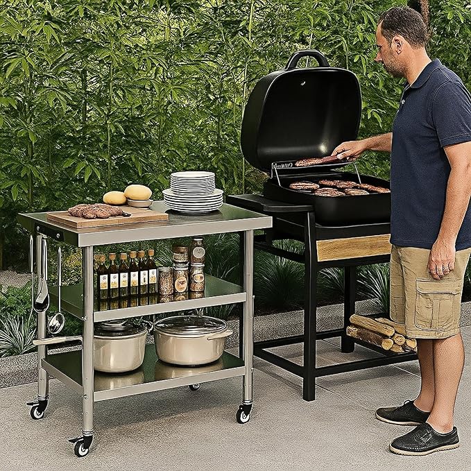 Stainless Steel Table with Wheels for Food Preparation and Work, Multi-Size Optional, Three-Layer Variable Two-Layer Metal Commercial Workbench Outdoor, Restaurant, Kitchen (48" Lx24 Wx34 H)