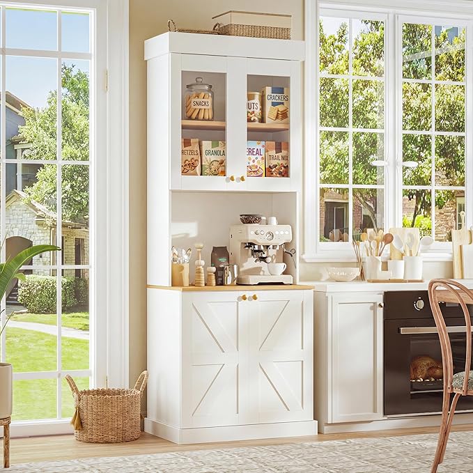Vyre 71" Farmhouse Kitchen Pantry Cabinet Set of 2, White Freestanding Coffee Bar Hutch with Glass Doors & Adjustable Shelves, Large Storage Cabinet with Microwave Stand for Living Room & Kitchen