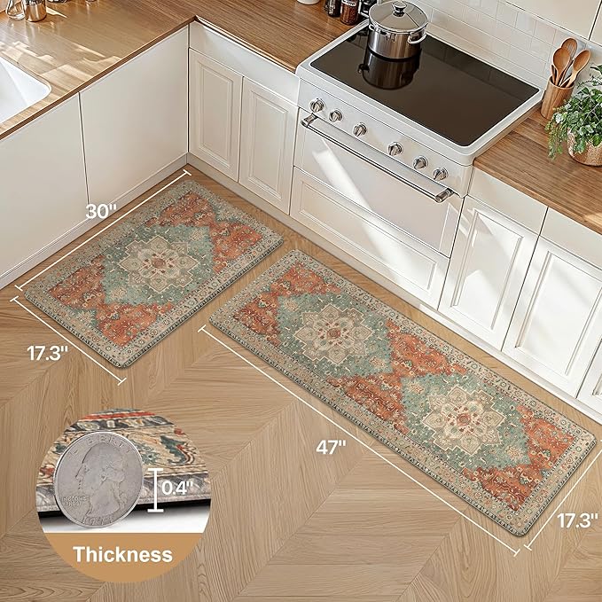 GENIMO Kitchen Mats for Floor 2PCs, Washable Anti Fatigue Mat for Cushioned, 17.3"x47"+17.3"x30", Waterproof Kitchen Rugs, Non Slip Comfort Standing Mat Rug for Home, Sink, Laundry, Multi