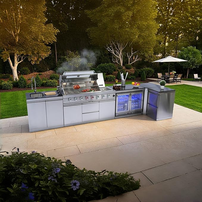 157-Inch 6-Burner 96000 BTU Propane Gas Outdoor Kitchen Island - Stainless Steel Grill with Wine Cooler, Rotisserie, Granite Countertops, Storage Cabinets & Drawers, Silver