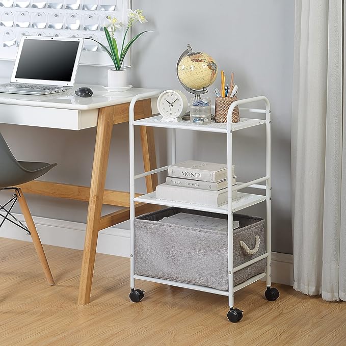 SunnyPoint 3-Tier Rolling Utility Cart – Metal Storage Organizer with Wheels, Mobile Kitchen Cart, Office & Home Organizer, White, 12" D x 16.92" W x 31.1" H