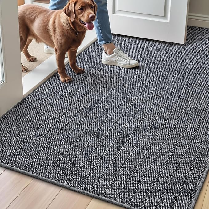 LUMI Ultra Thin Indoor Door Mat for Entrance 36"x56", Non Slip Entryway Mat, Low Profile Doormat, Unique Herringbone Design Carpet for Inside, Patio, Porch, Medium Gray