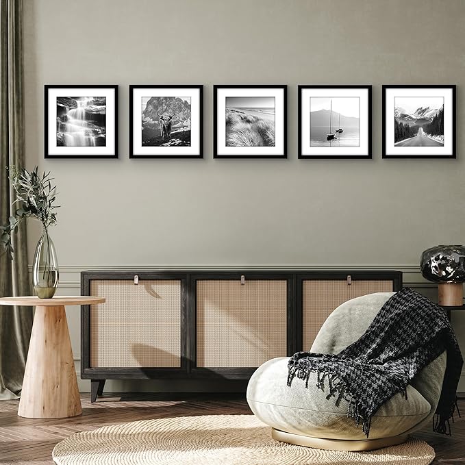 Americanflat 12x12 Picture Frame with Polished Plexiglass - Set of 5 - Use as 9x9 Frame with Mat or Display 12x12 Photo Without Mat - Galleria Collection - Square Frames for Wall Display - Black
