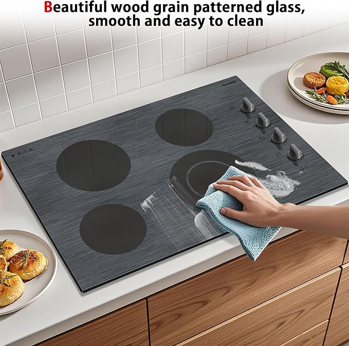 Karinear Electric Cooktop 30 Inch, 4 Burners Electric Stove Knob Control, Built-in Ceramic Cooktop with Beautiful Woodgrain Pattern Glass Surface, 6700W, 220-240v Hard Wired(No Plug)