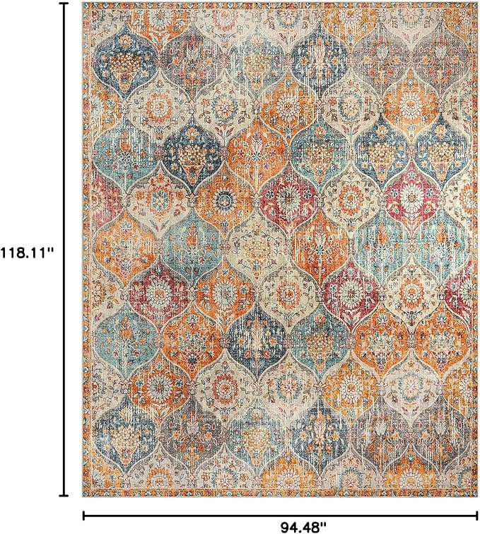 Lahome Moroccan Washable Area Rugs 8x10, 8x10 Rugs for Living Room Bedroom, Ultra-Thin Oriental Non-Slip Foldable Non Shedding Accent Large Carpet for Office Dining Room, Cream/Multi