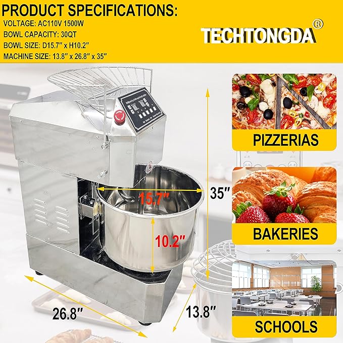 TECHTONGDA Commercial Stand Mixer, 30L Electric Dough Mixer, Double Action Double Speed Dough Kneading Machine with Security Shield & Speed Time Control, Perfect for Bakery Pizzeria, 110V 1500W