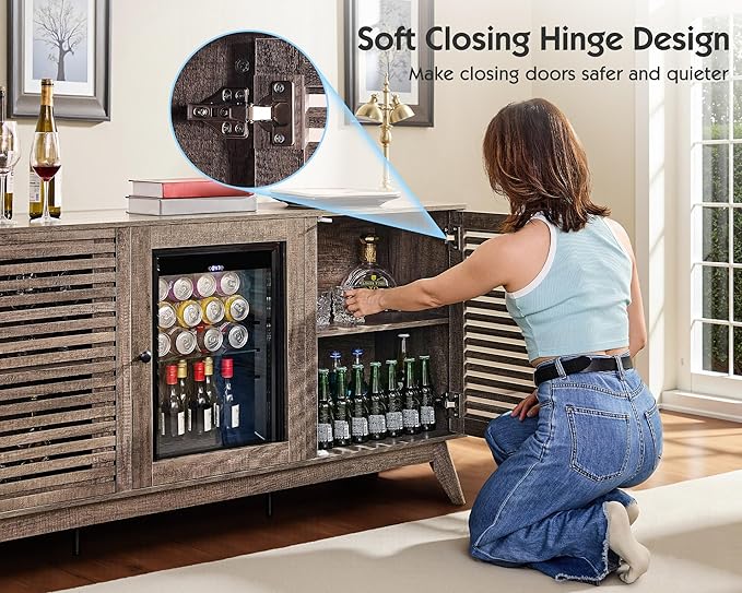 60" Bar Cabinet with Built-in Mini Fridge, Wine & Coffee Storage Sideboard with Beverage Cooler for Home Bar, Living Room or Office, Grey