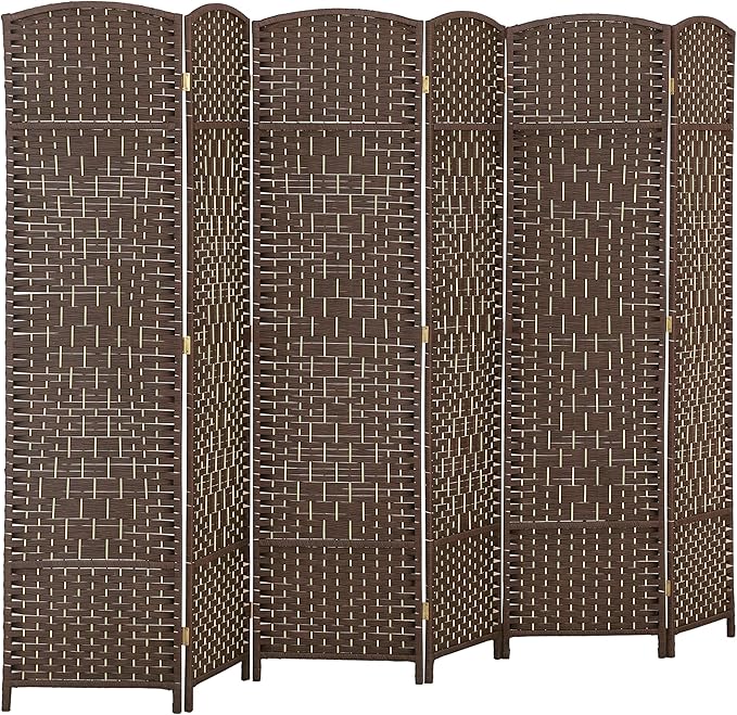 HOMCOM 6 Panel Room Divider, 6' Tall Folding Privacy Screen, Woven Freestanding Wall Partition for Home Office, Bedroom, Brown