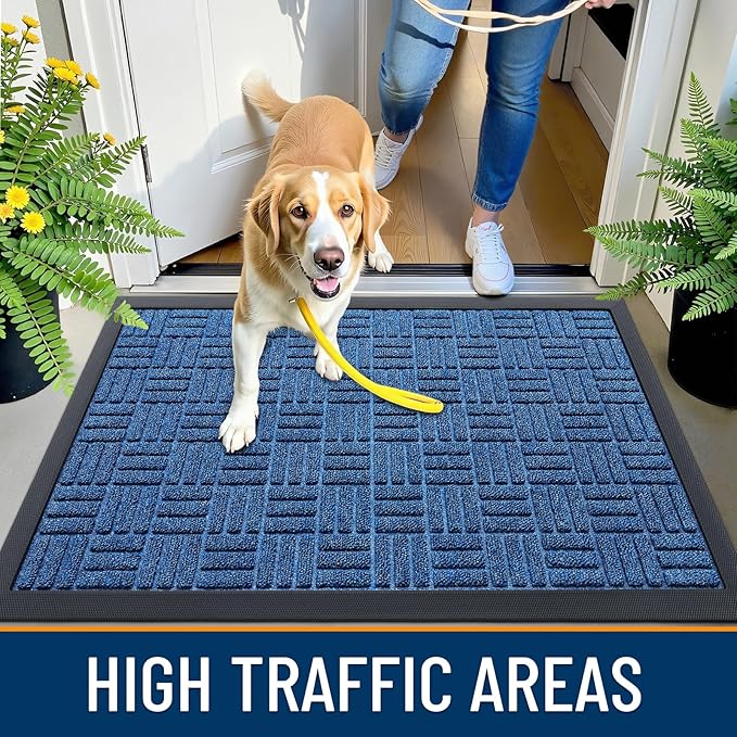 OLANLY Front Door Mat Outside Entrance 33x21, Absorbent, Heavy Duty Sturdy Natural Rubber Doormat Indoor Outdoor, Non-Slip, Stain and Fade Resistant, Low Profile Floor Mat for Entryway, Ocean Blue