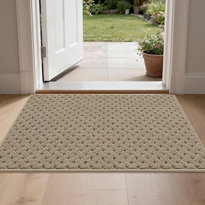 BEQHAUSE Dirt Trapper Door Mat Non-Slip Entryway Rugs Stain Resistant Absorbent Dog Doormats Woven-Look Washable Welcome Floor Doormat for Front Back Door, Muddy Wet Shoes & Paws, 24" x 36", Beige