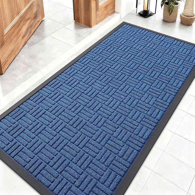OLANLY Front Door Mat Outside Entrance 47x23, Absorbent, Heavy Duty Sturdy Natural Rubber Doormat Indoor Outdoor, Non-Slip, Stain and Fade Resistant, Low Profile Floor Mat for Entryway, Ocean Blue