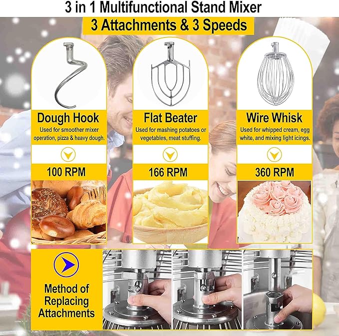 TECHTONGDA Commercial Stand Food Mixer, 20L Dough Mixer Machine, 3-Speed Adjustable Heavy Duty Electric Food Mixer, Dough Kneading Machine with Stainless Steel Bowl, Dough Hook Whisk Beater Included