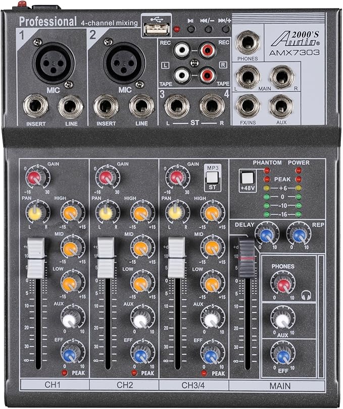 Audio2000'S AMX7303- Professional Four-Channel Audio Mixer with USB and DSP Processor