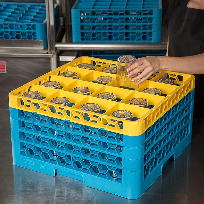 CFS RG16-4C411 OptiClean 16 Compartment Glass Rack with 4 Extenders, 10.3", Polypropylene, Yellow/CFS Blue