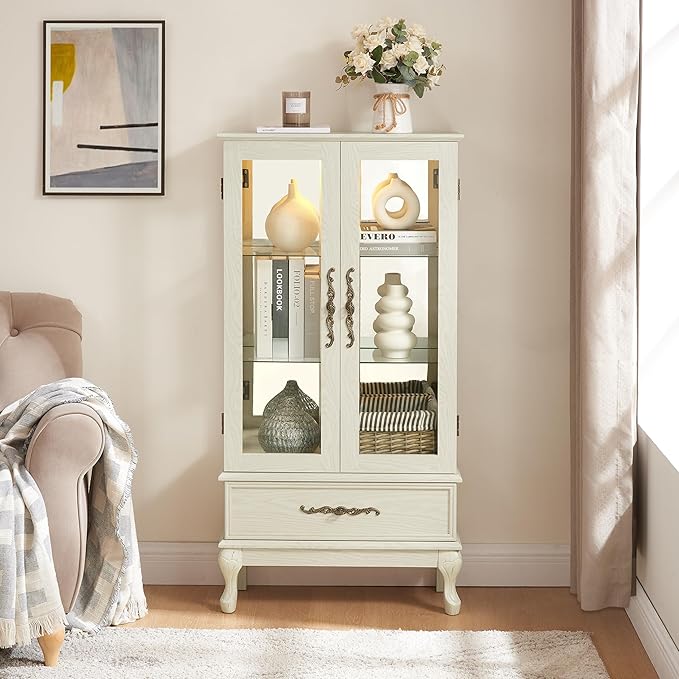51" H Lighted Curio Cabinet Display Case, Glass Curio Cabinet with Adjustable Shelves,Tempered Glass Door and Drawer, Wooden Cabinets w/Mirrored Back Pane for Living Room (Antique White)