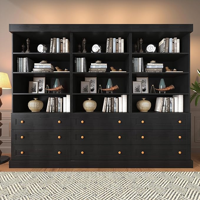 Vyre 71" Tall Farmhouse Kitchen Pantry, Set of 2 Large Storage Cabinets with 3 Drawers, Adjustable Shelves, Wood Versatile Hutch Cabinet for Living Room, Dining Room, Black