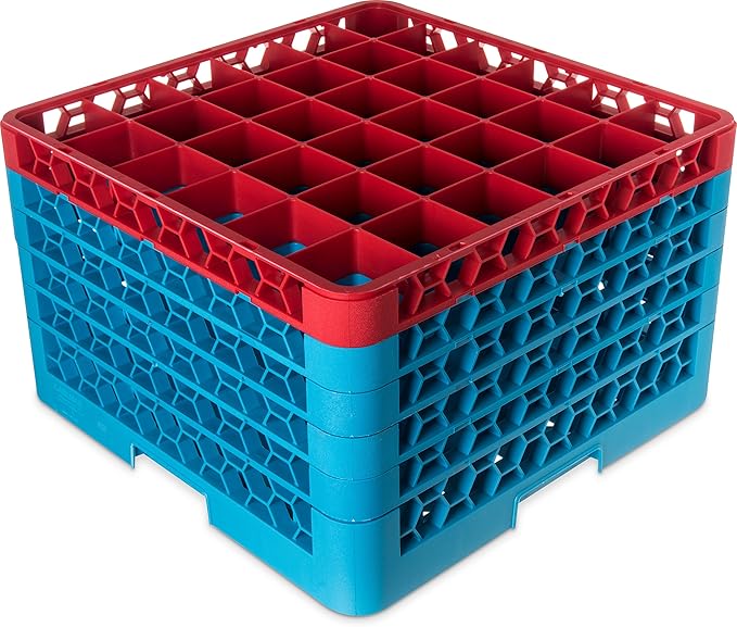 CFS RG36-5C410 OptiClean 36 Compartment Glass Rack with 5 Extenders, 11.9", Polypropylene, Red/CFS Blue