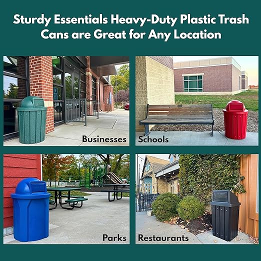 Campus Collection 42 Gallon Slatted Round Heavy-Duty Plastic Commercial Outdoor or Indoor Trash Can with Push Open Dome Lid and Internal Liner | Great for Schools and Businesses - Brown Granite