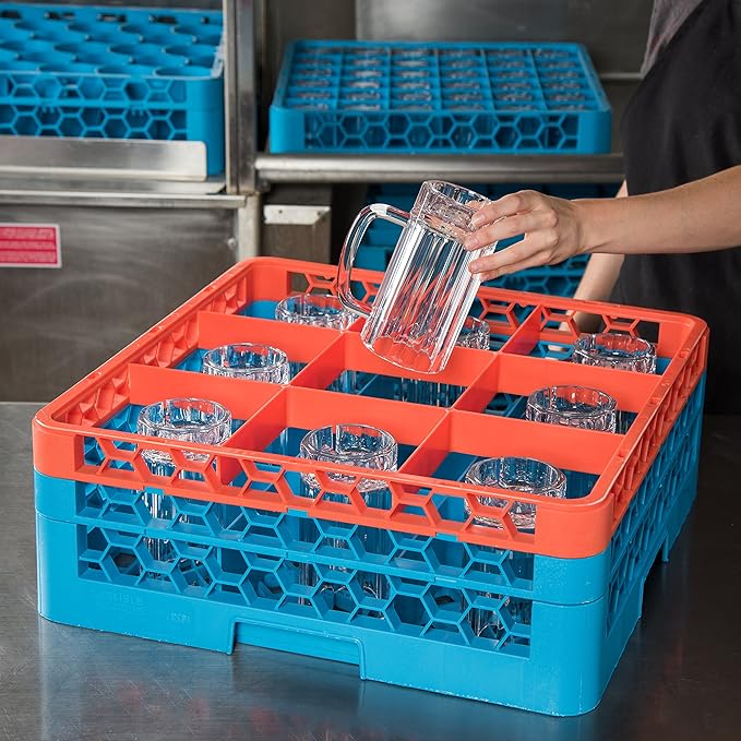 CFS RG9-2C412 OptiClean 9 Compartment Glass Rack with 2 Extenders, 7.12", Polypropylene, Orange/CFS Blue