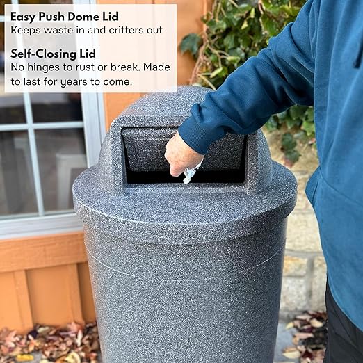 Campus Collection 55 Gallon Round Heavy-Duty Plastic Commercial Outdoor or Indor Trash Can with Push Open Dome Lid and Internal Liner | Great for Schools and Businesses - Brown Granite